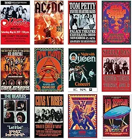 Pôster de banda de rock vintage, 12 peças retrô dos anos 70, 80, 90, para decoração de quarto, colagem de pôsteres de concerto, arte de parede em tela HD para dormitório universitário,