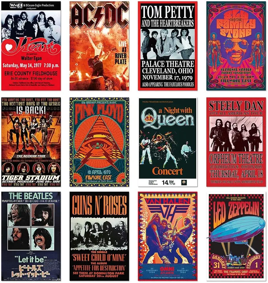 Pôster de banda de rock vintage, 12 peças retrô dos anos 70, 80, 90, para decoração de quarto, colagem de pôsteres de concerto, arte de parede em tela HD para dormitório universitário,