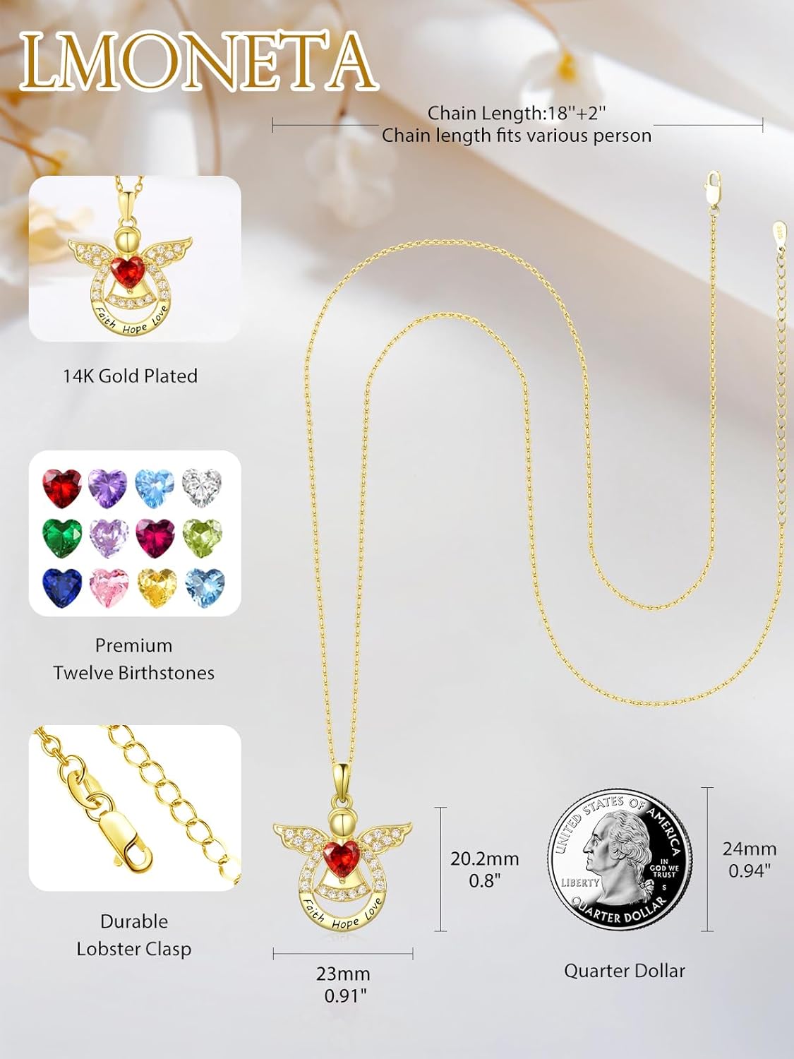 Guardian Angel Necklace for Women 14K Gold Religious Engraved Faith Hope Love Angel Wings Pendant Birthstone Jewelry Birthday Gifts for Wife Mom Grandma Girlfriend Her - Image 3