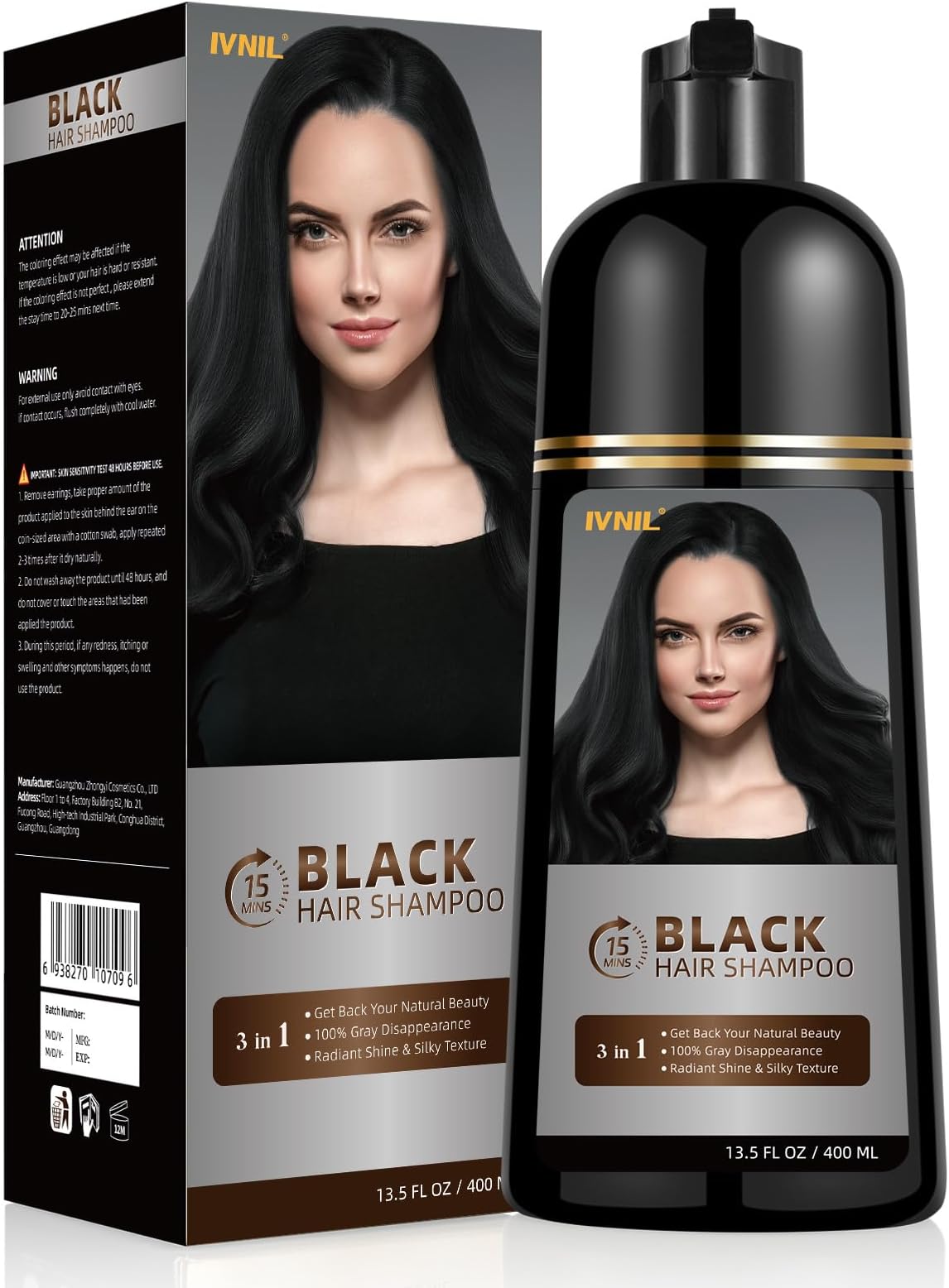 Ivnil Black Hair Dye Shampoo 3 in 1 Color Shampoo Para canas, Herbal Color Shampo tinte para el cabello 100% Gray Hair Coverage and Beard for Women and Men Instant Result