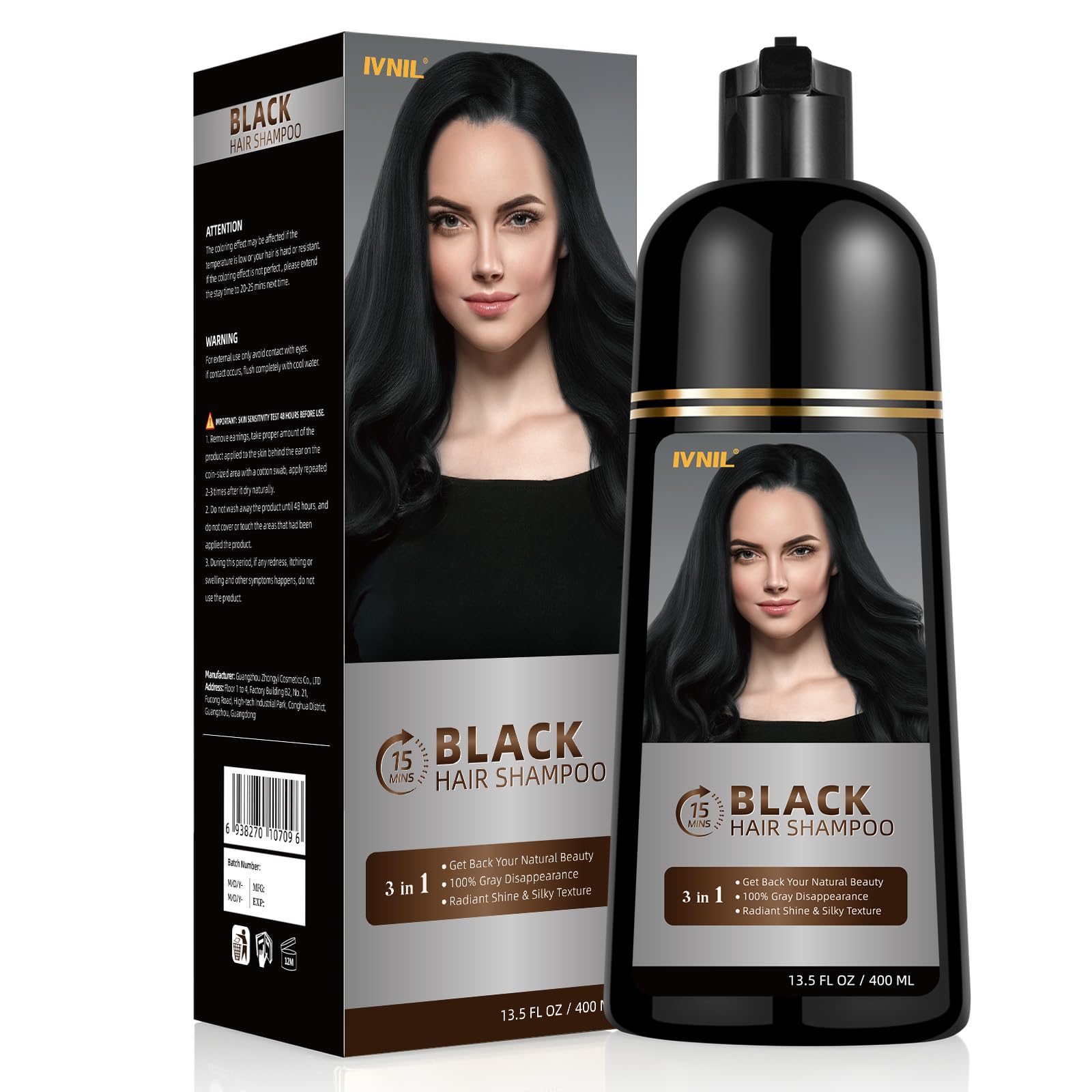 Ivnil Black Hair Dye Shampoo 3 in 1 for gray coverage champu para canas herbal color for women and men 400ML