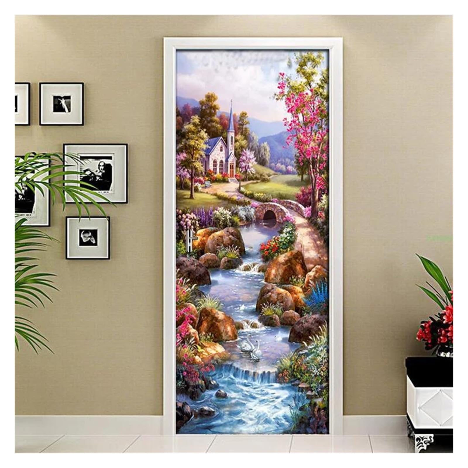 Peinture à l'huile paysage 3D sticker de porte haut de gamme en PVC texturé pour intérieurs