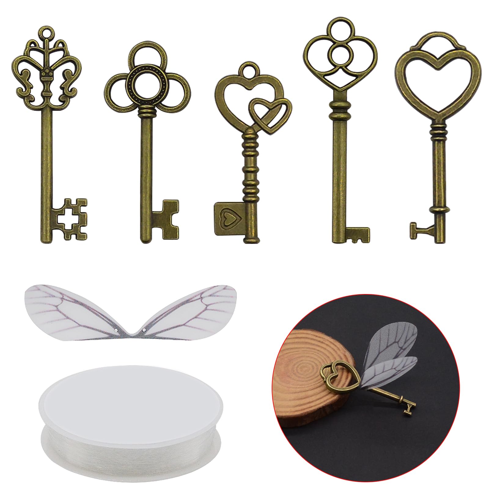50Pcs Small Vintage Skeleton Flying Key Metal Pendant Craft Charms with Wing and Crystal String for DIY Jewellery Making Chain Keyring Christmas Wedding Party Favours Room Decor (Bronze)