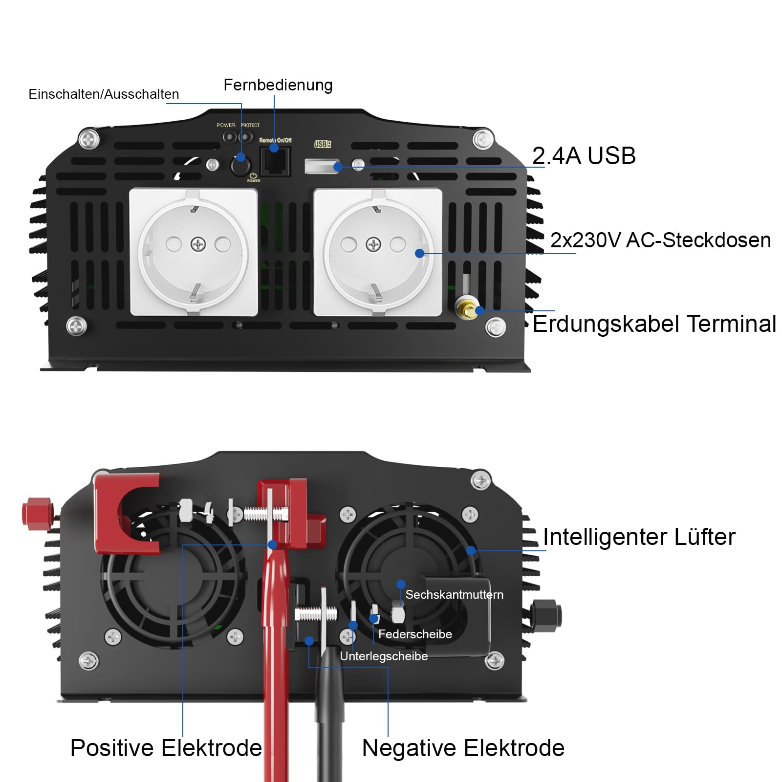 GIANDEL 3000W Wechselrichter 12V auf 230V Reiner Sinus Spannungswandler Kompatibel mit LiFePO4 Power Inverter mit Fernbedienung und USB Anschlüsse für Wohnmobil LKW Wohnwagen Camping