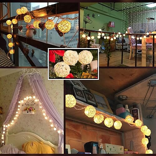 Miniatura 5 de Guirnalda de luces de hadas de bola de ratán de 9.8 pies y 20 pies enchufable, iluminación cálida romántica flexible para decoración del hogar