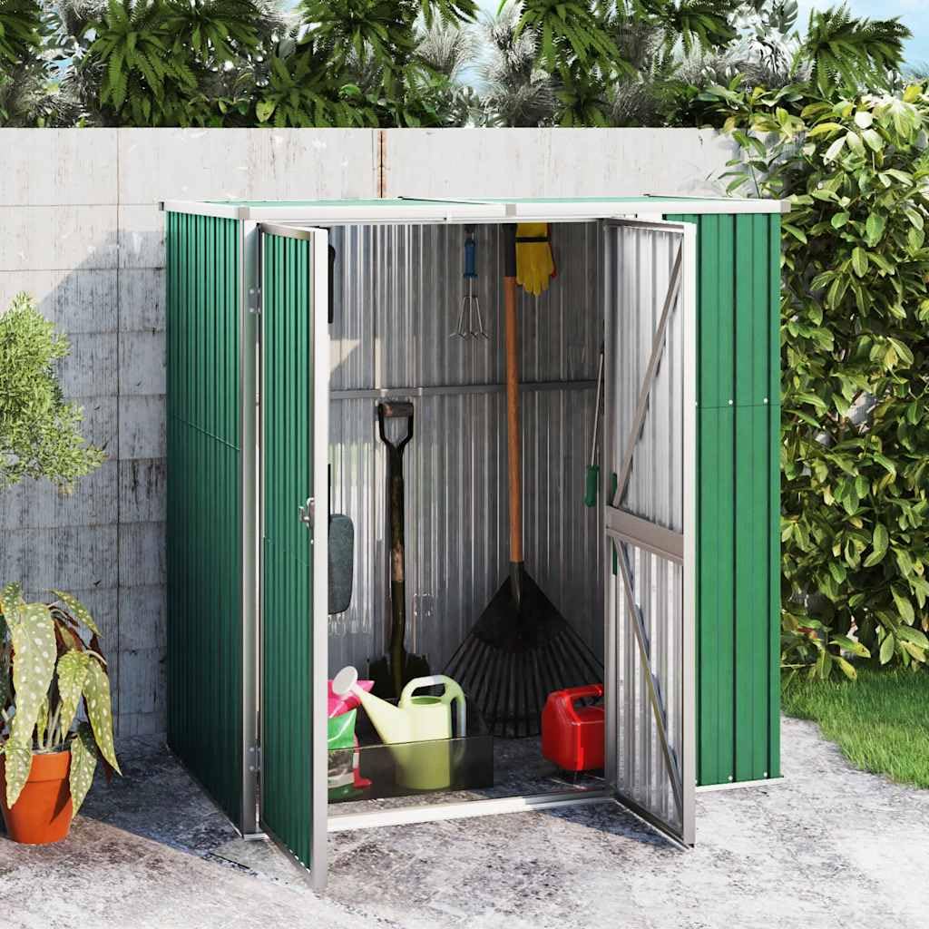 Casetta degli attrezzi verde, 161 x 89 x 161 cm, in acciaio zincato, per attrezzi da giardino, attrezzi e tosaerba, capanno richiudibile con tetto inclinato e vano portaoggetti