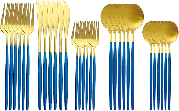 Gold Silverware Set Flatware, 30 Pcs Satin Finish Stainless Steel Flatware Set For 6, Include Fork Spoon Knife, Utensils for Daily Use and Party, Anti Rust, Dishwasher Safe, Blue Handle