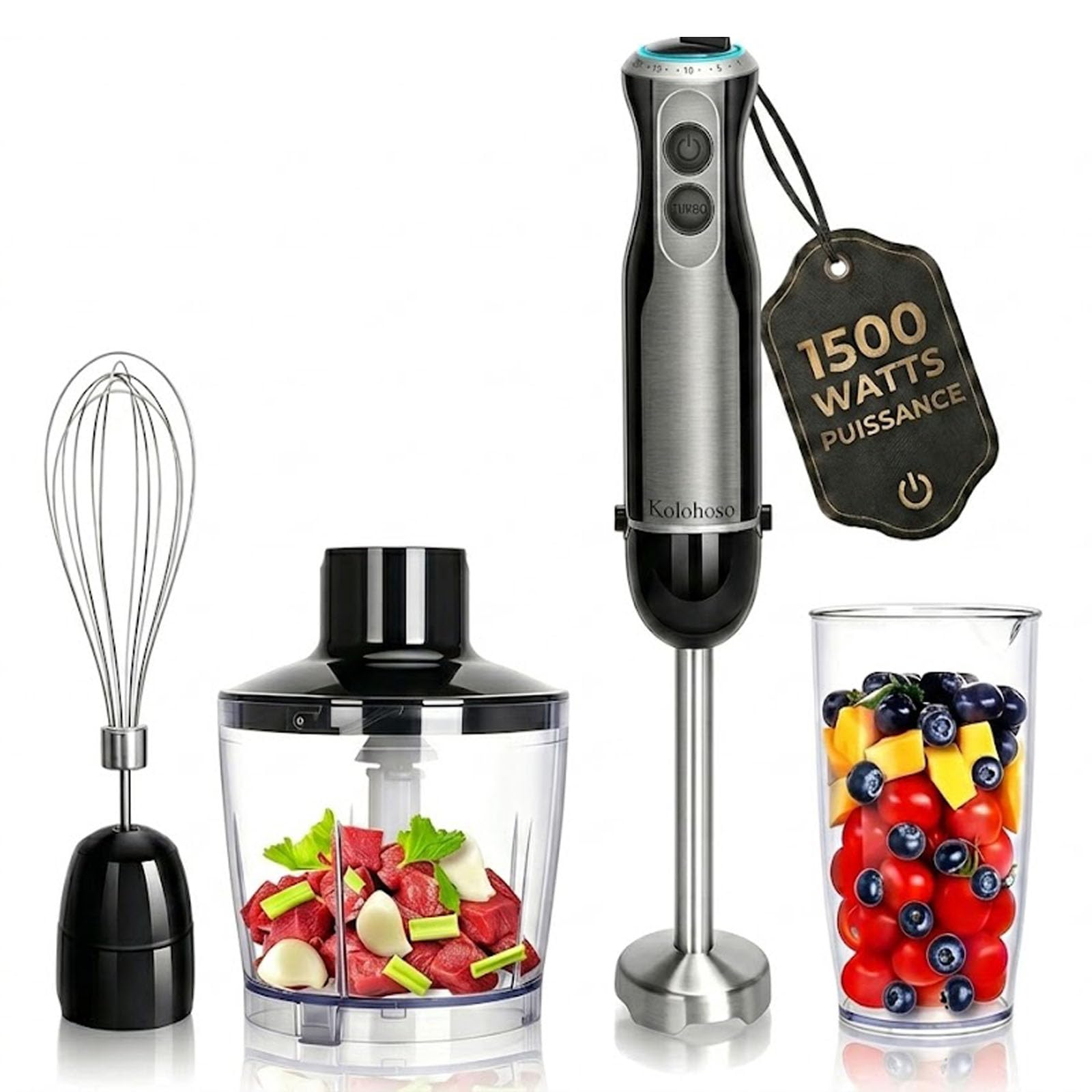1500W Batidora de Mano, 4 in 1 Minipimer con 20 Velocidades y TRUBO botón | Batidora Picadora, 4 Hojas de Acero Inoxidable incluye 600ml Vaso Medidor, Batidor de Huevos, 500ml Picadora