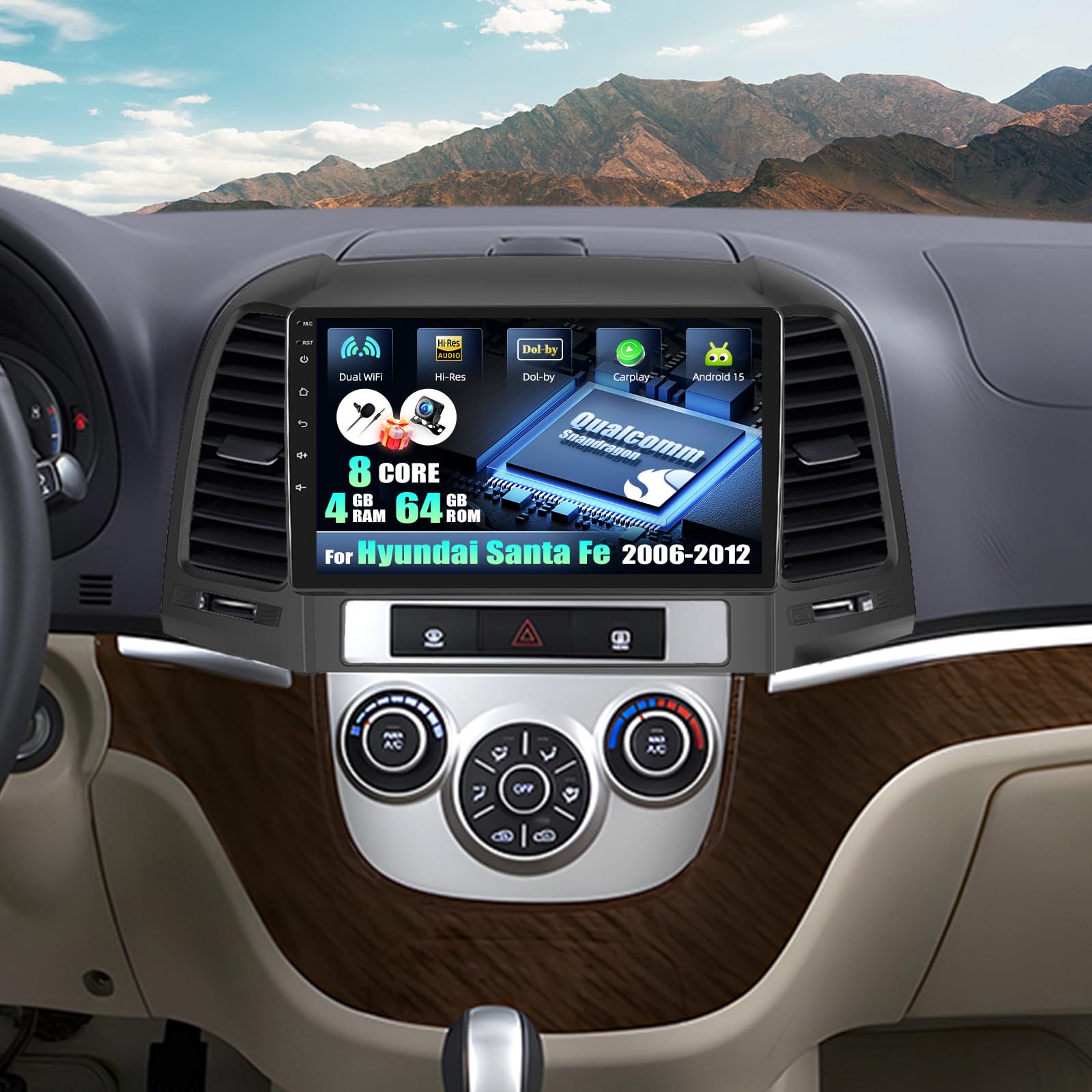 CAMECHO [8-rdzeniowy Snapdragon] radio samochodowe z Androidem 15 dla Hyundai Santa Fe (2006–2012) 4+64 GB nawigacja bezprzewodowa CarPlay DSP 9-calowy ekran dotykowy WiFi Android Auto