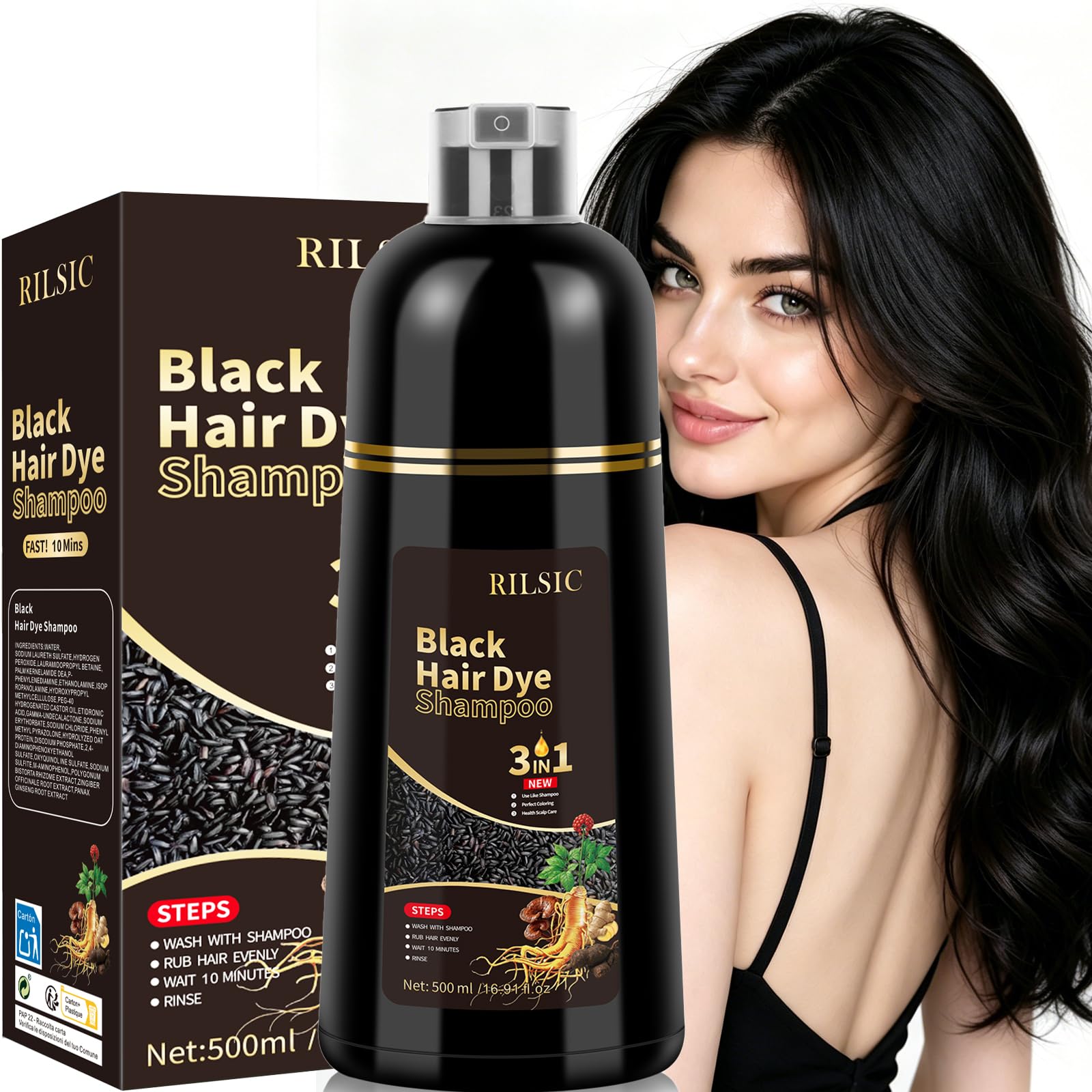 500ML Shampoo Colorante Nero 3 en1 per Capelli Grigi, Shampoo Colorante Capelli Bianchi Colorati Istantanea, Colore Naturale-Hair Dye Tintura per Uomini Donne (Nero)