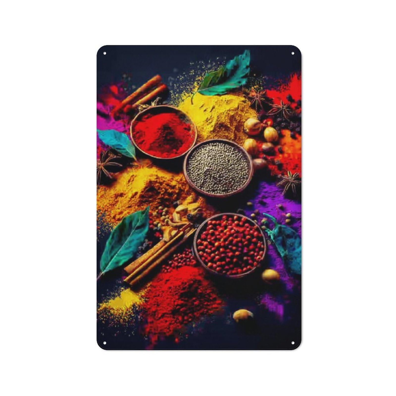 Junmoney Spice Market Colorful Herbs And Spices Cafe Metal Sign 30X20cm, Shop Front Style Restaurant Wall Art For Takeaway, Bar, Kitchen Or Counter Area