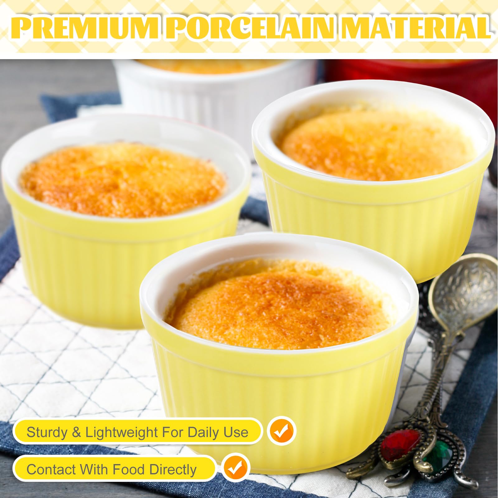 Lot de 12 ramequins en porcelaine jaune à rayures pour soufflé, confitures, cupcakes, crème pâtissière, pudding, muffins, crème glacée – 9 x 5 cm