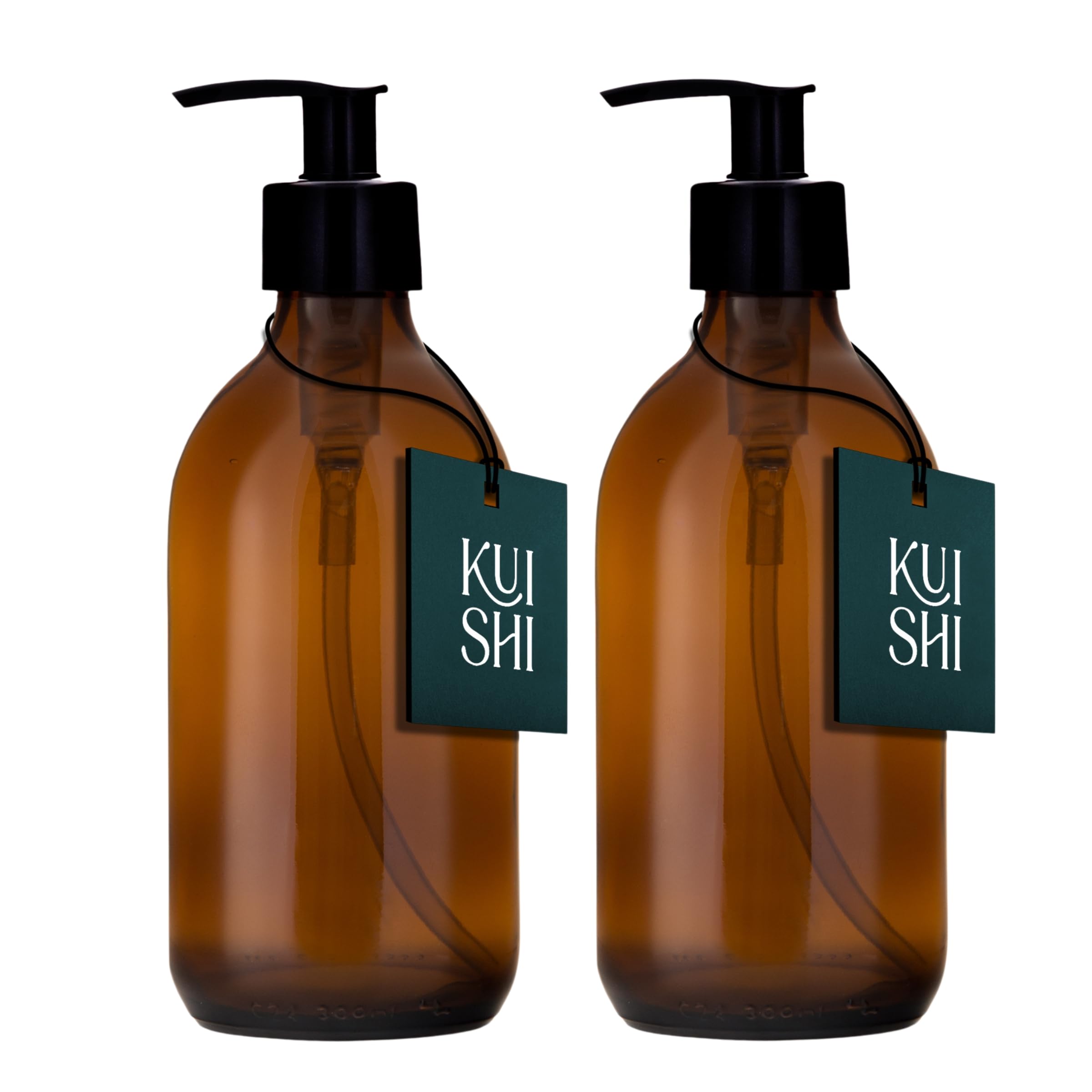 Kuishi Amber 300Ml Glass Soap Dispenser With Black Plastic Pump - Pack Of 2 Refillable Bpa-Free Hand Soap Dispenser For Kitchen & Bathroom,