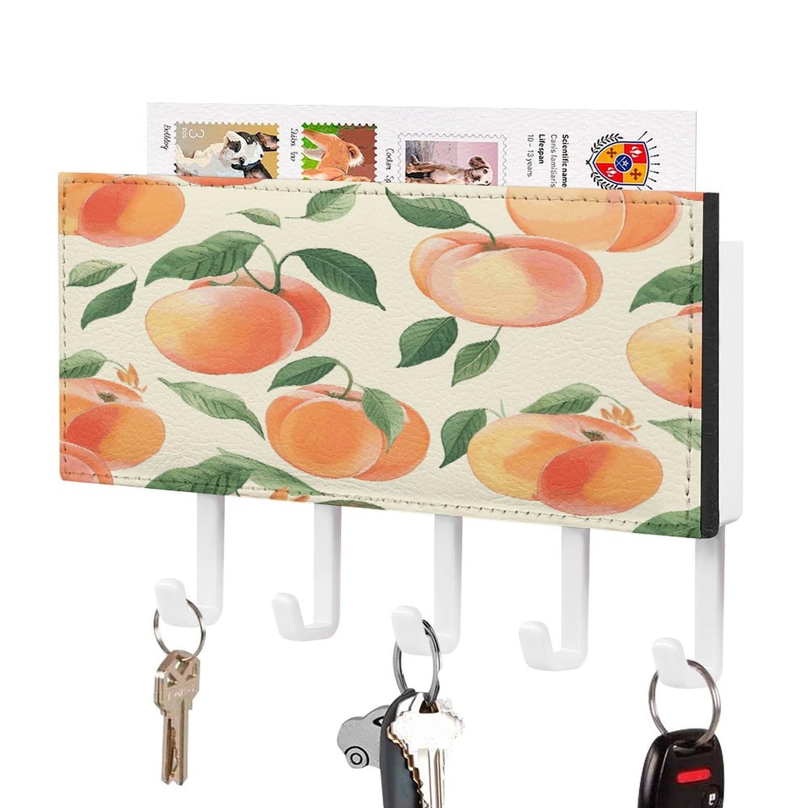JTREHY Peach Key Holder Wall Mount Decorative Key and Mail Holder PU Leather Adhesive Key Organizer Hanging Key Hooks Wall Shelf with 5 Hooks for Entryway Hallway Office