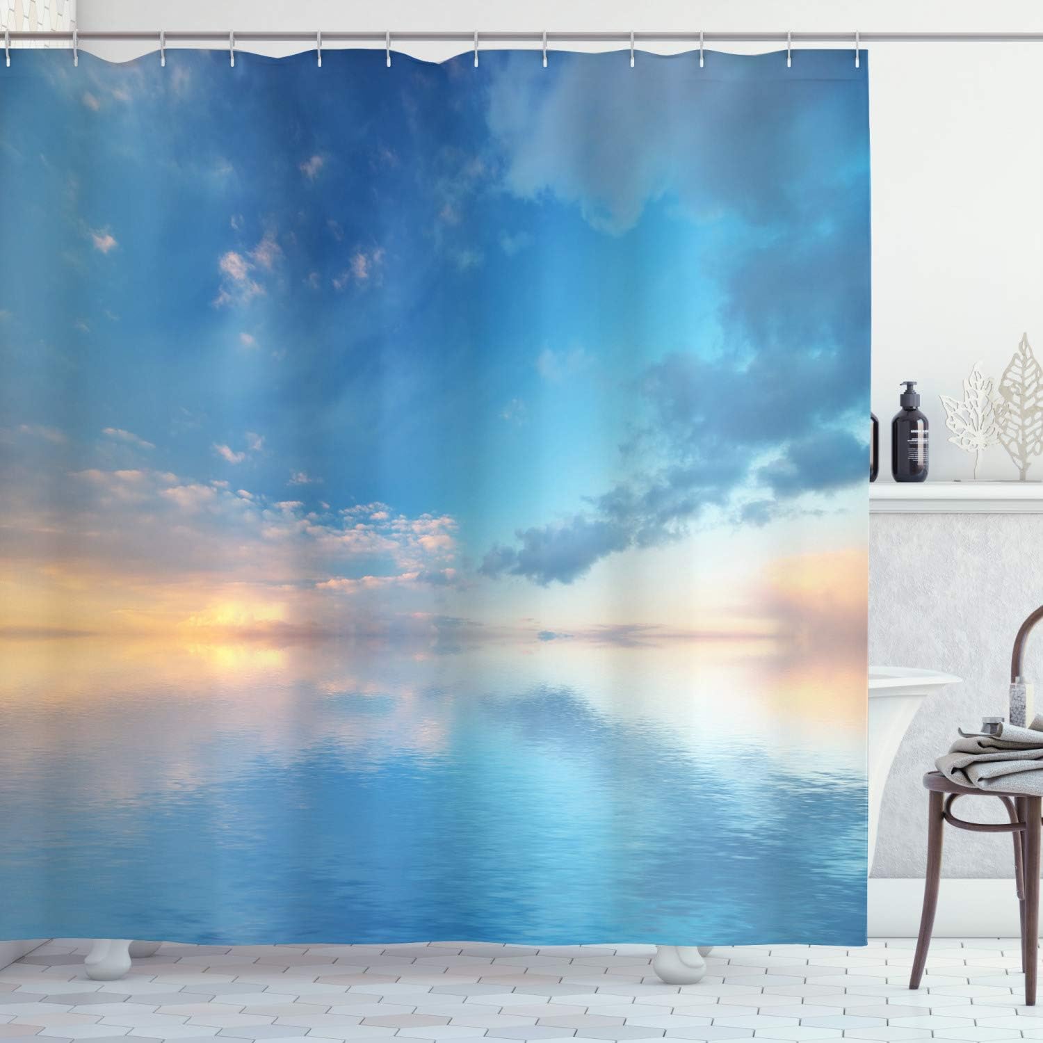 Ambesonne Nature Shower Curtain, Inside Out Sky and Sea Looks Like Combined in Horizon Ocean Clouds Tranquil Peace Theme, Cloth Fabric Bathroom Decor Set with Hooks, 69" W x 70" L, Sky Blue