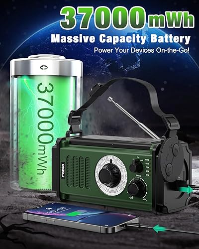 Miniatura 2 de Radio de emergencia de 10000 mAh, radio solar, radio de manivela, radio meteorológica NOAA AM FM, 4 métodos de carga, batería de polímero, linterna
