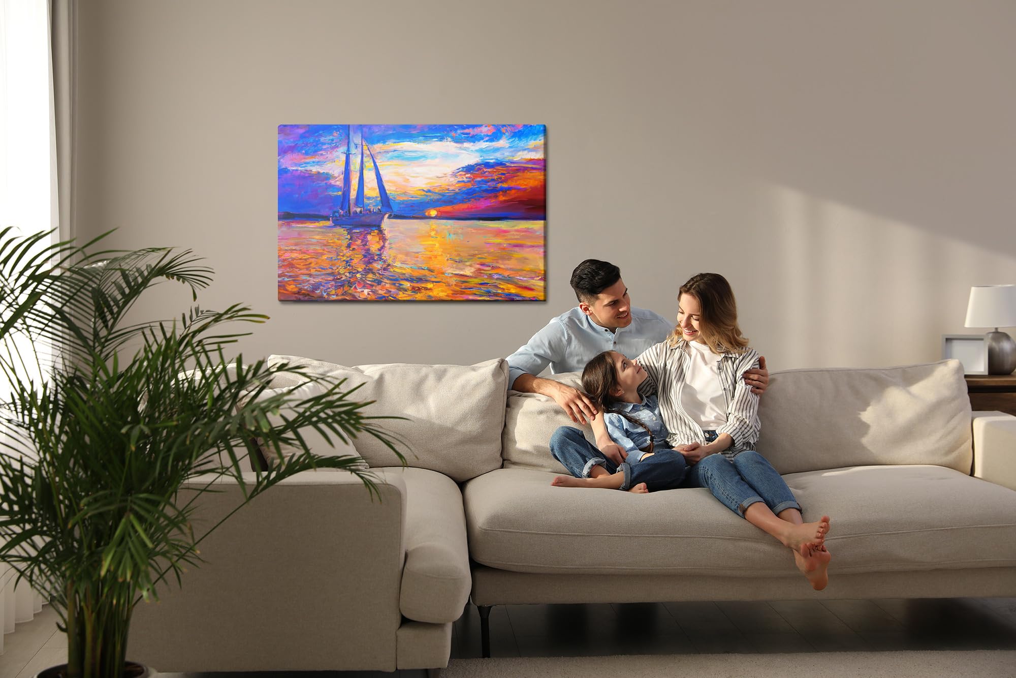 WALLERO HandArt Leinwandbild Farbiger Sonnenuntergang am Meer – mit Struktur-Effekt | Kunstbilder wie handbemalte Wandbilder für Wohnzimmer Schlafzimmer Flur 70x50