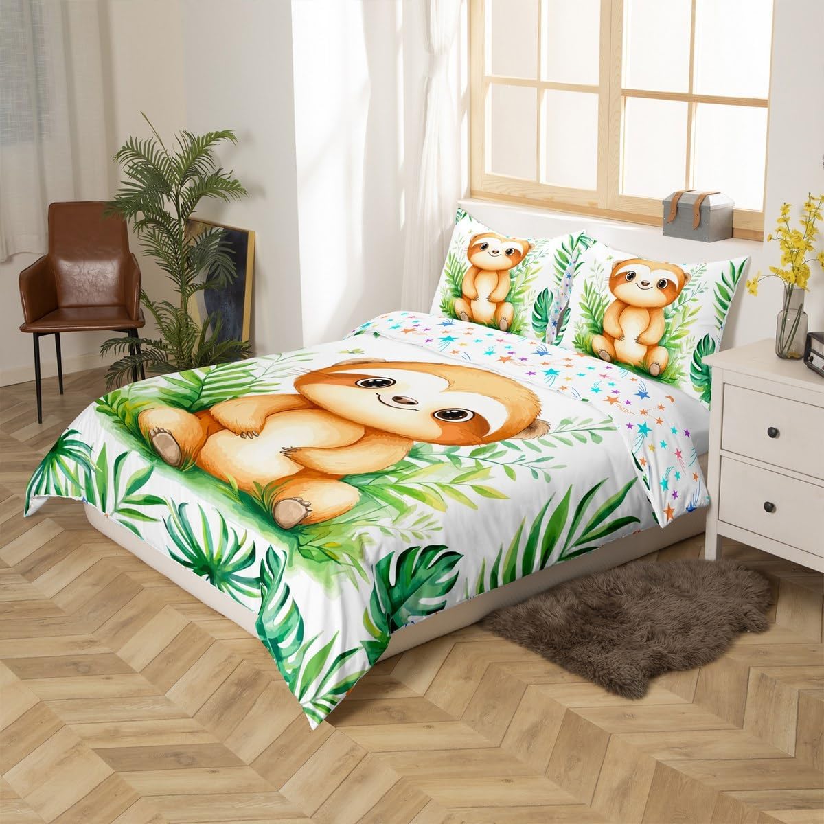 Manfei Kawaii Sloth Duvet Cover Toddler Size,Watercolor Safari Animals Plants Soft Bedding Set,Tropical Leaves Plants Comforter Cover 2PCS,Cartoon Animals Quilt Cover,1 Pillowcase(Not Comforter)