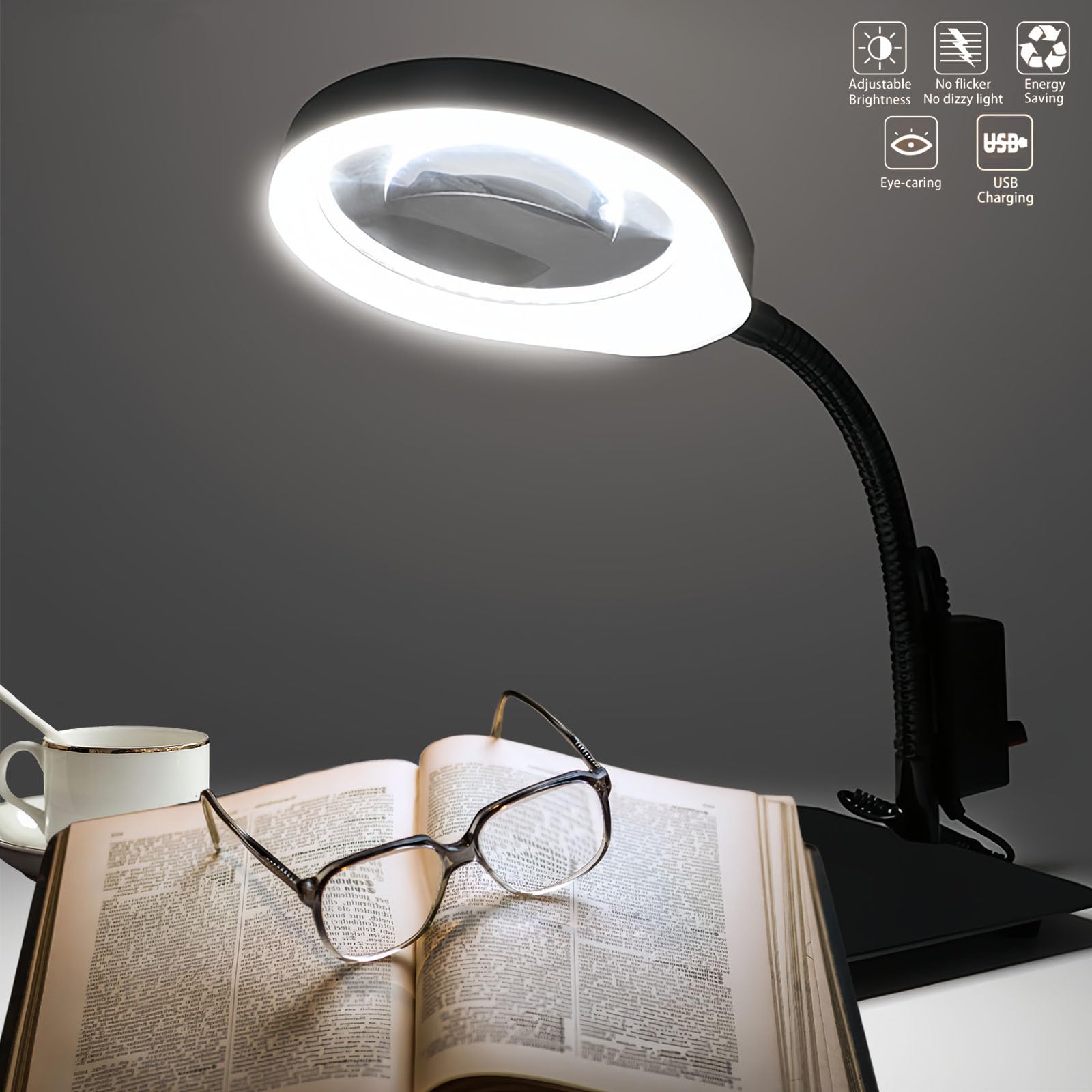 Lupa con luz y soporte, 10 aumentos, flexible, cuello de cisne, lámpara LED de escritorio, manos libres, para manualidades, lectura, pintura, pasatiempos, trabajo cercano (negro)
