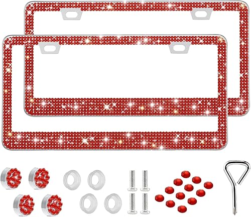 Miniatura 5 de Runone Paquete de 2 marcos de matrícula brillantes para mujer, soporte de placa de acero inoxidable con diamantes de imitación brillantes,