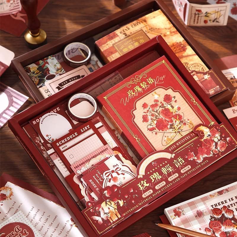 Image of VOTDOT Paper Junk Journal & Scrapbook Kit, Scrapbooking Supplies Kit with Creative Decor Journaling Supplies, Stationery, Stickers, A6 Grid Notebook with Graph Ruled Page Gift for Girl (Rose Scrapbook)