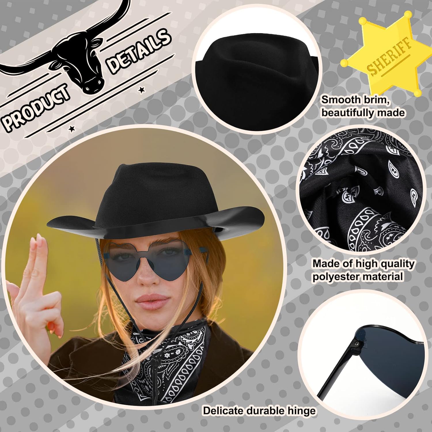 Newcotte 18 Pcs Western Cowboy Plastic Hat Set Include 6 Hats 6 Paisley Bandanas 6 Pairs Heart Glasses for Party - Image 3