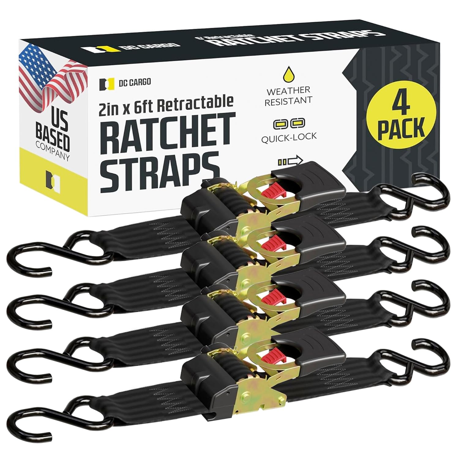 DC Cargo Mall Auto Retractable Ratchet Straps (4-Pack) 2” x 6ft, Super Heavy Duty, 4,033lb Break Strength – Tie Down Straps for Cargo, Truck, Trailer, Boats