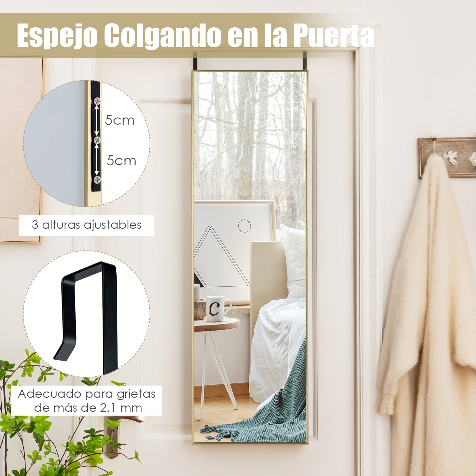 COSTWAY Espejo sobre Puerta de 120 x 37 cm, Espejo con Marco de Aleación de Aluminio y Cristal Irrompible, Espejo Colgante o de Pared con Ganchos para Armario, Dormitorio y Salón (Dorado)