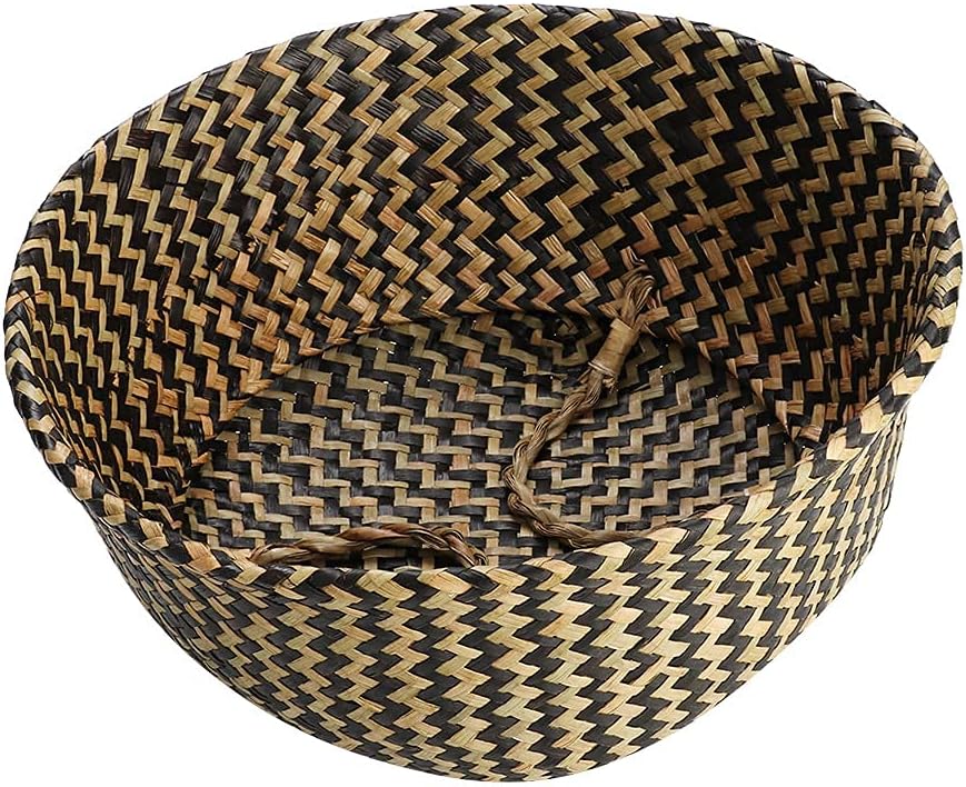 Seagrass Belly Basket, Modern Woven Basket for Flower Pot Floor Indoor Planters, Plant Containers Hand Woven Basket Planter Living Room Home Decor (black (wavy pattern))