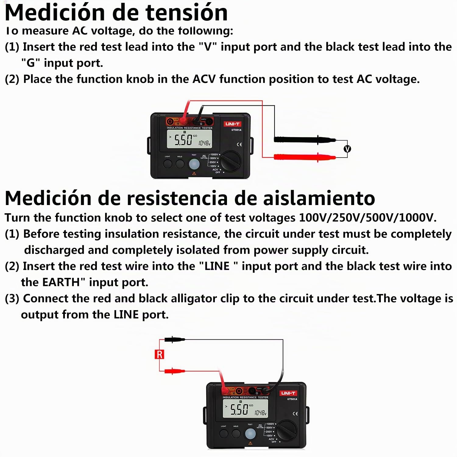 UNI-T UT501A Probador de resistencia de aislamiento, probador Megger, probador de voltaje de resistencia al suelo, voltímetro megohmímetro con retroiluminación