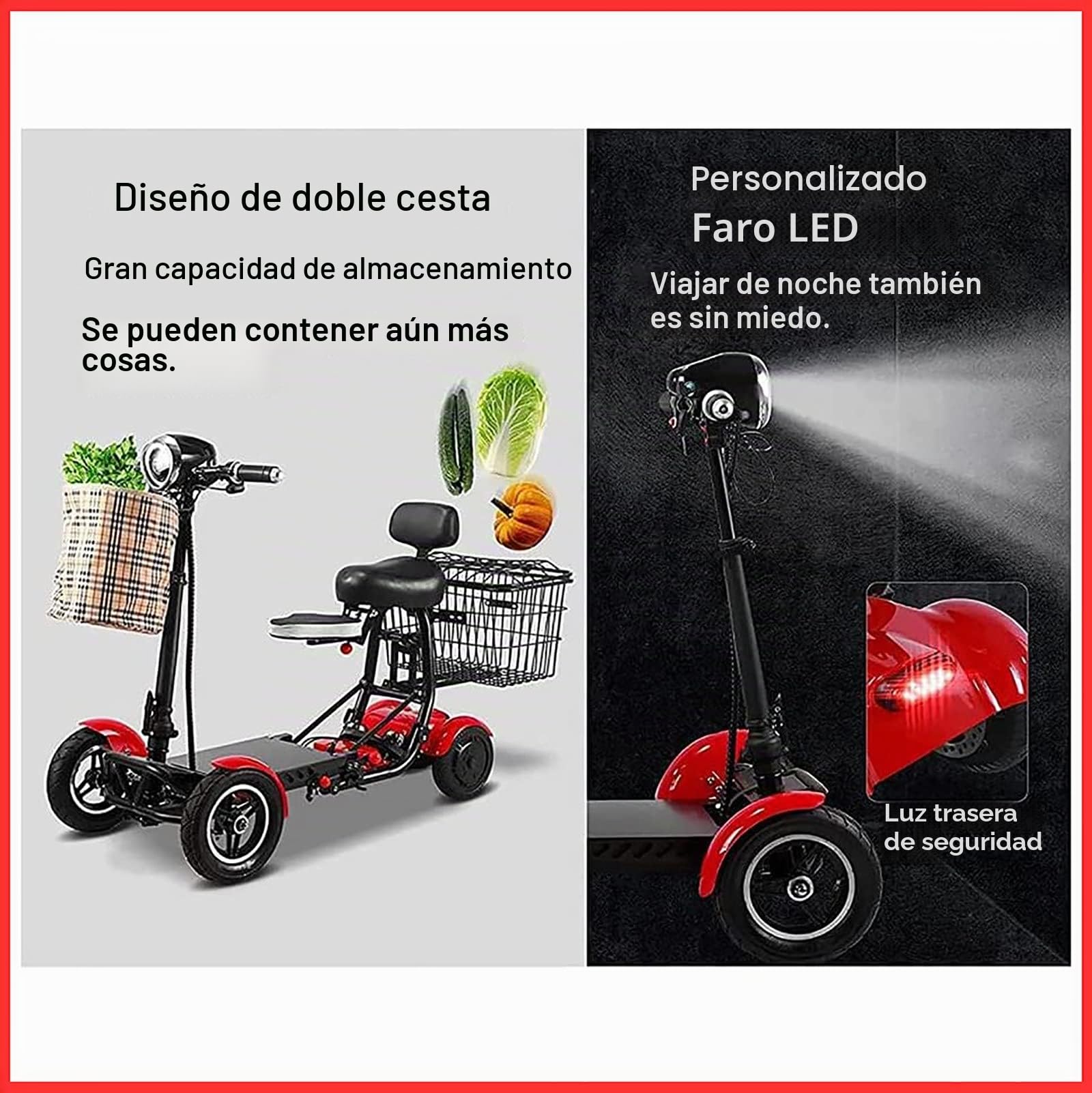 Scooter de movilidad plegable de 4 ruedas para adultos, ancianos, discapacitados, viajes al aire libre, cestas dobles delanteras y traseras, frenos de disco dobles, negro, 15,6 Ah/40 km