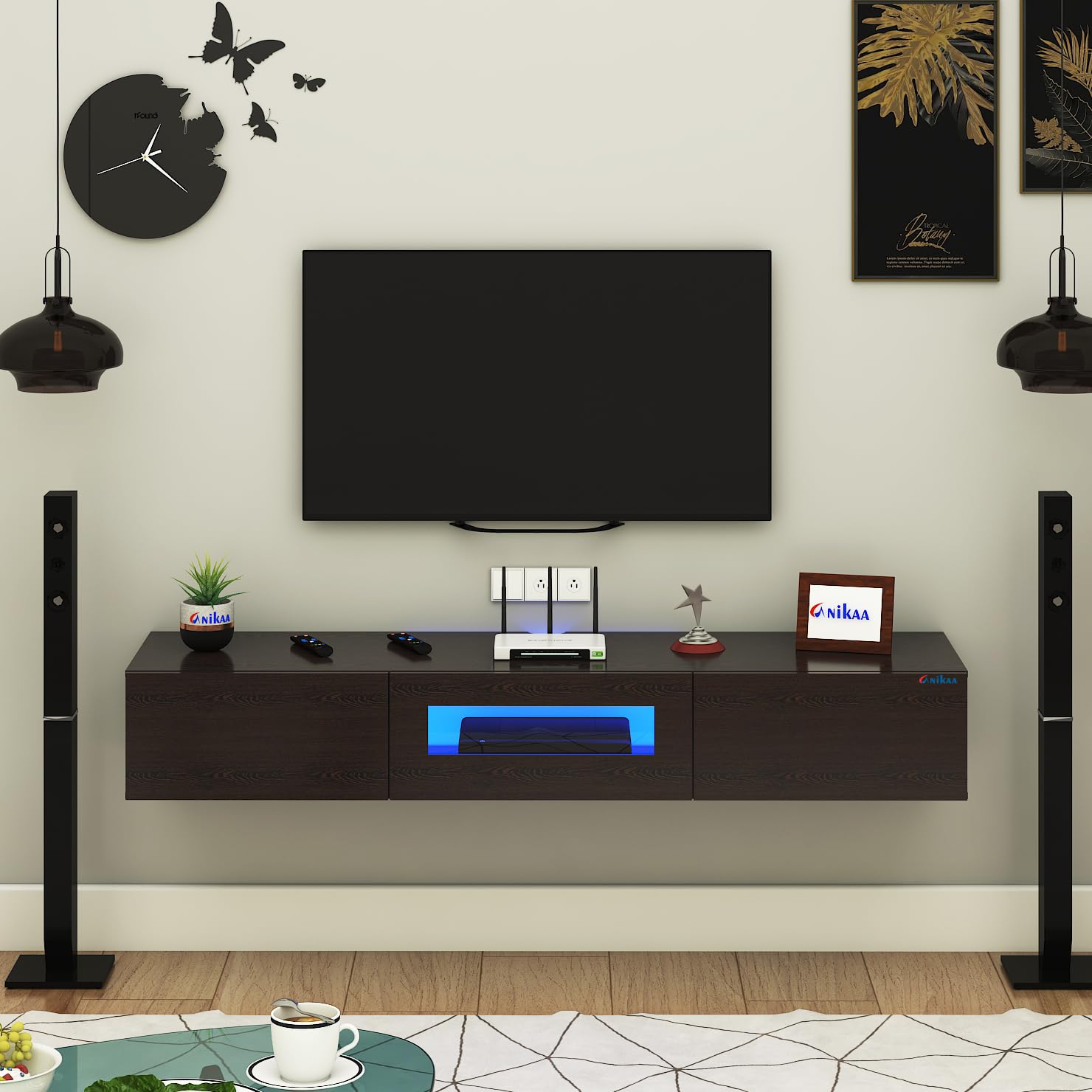 Anikaa Lucen Wall Mount Modern Floating TV Unit for Living Room | 3 Closed Storage cabinets with hinged Door - Blue Color LED Light | Ideal for UP to 65 Inch TV (Wenge Finish - DIY Installation)