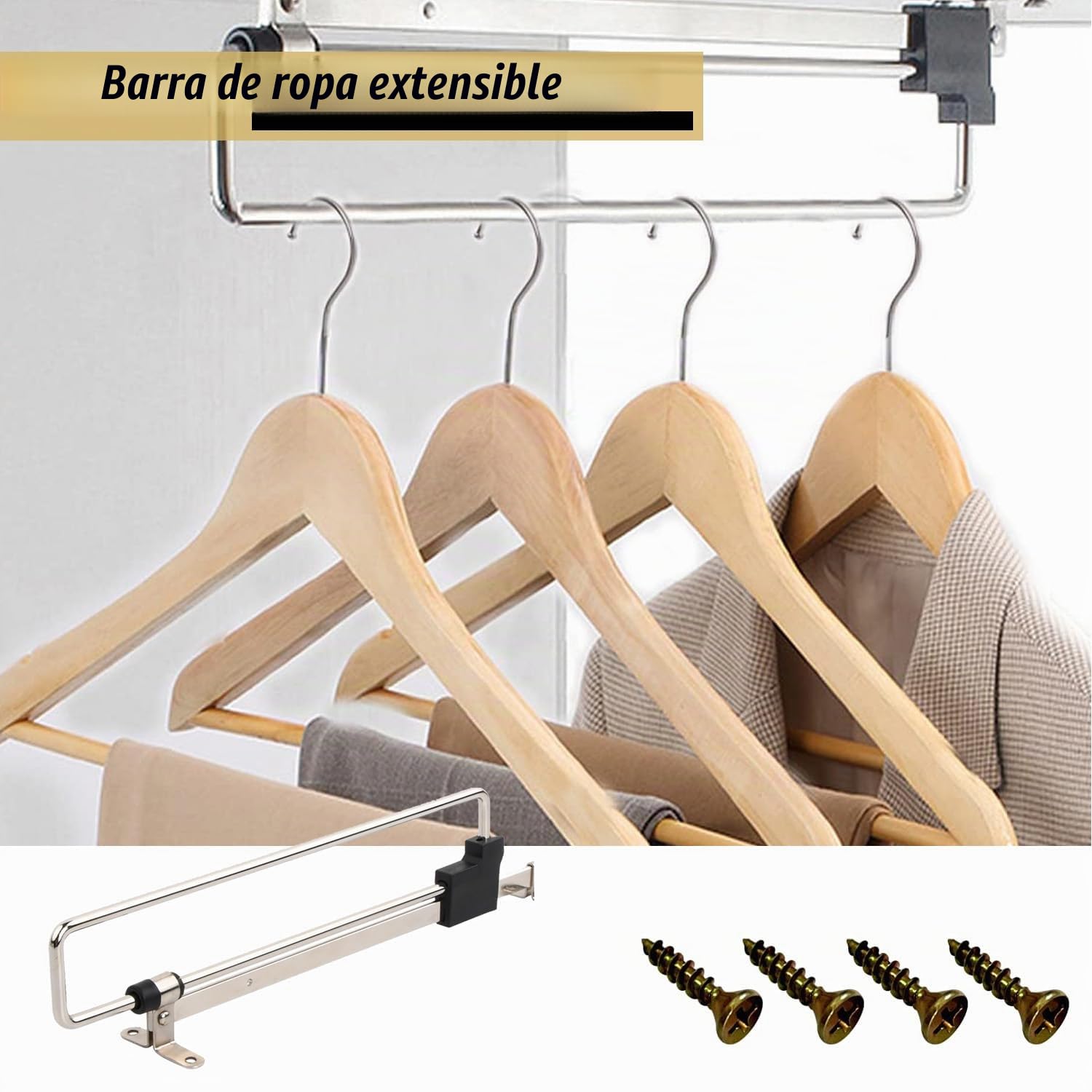 Barra para Ropa Extensible, 2 piezas Percha Retráctil, Barra para Ropa de 25 cm, Cajón de Percha Retráctil, Barra para Armario de Acero Inoxidable, con Tornillos, Plateado