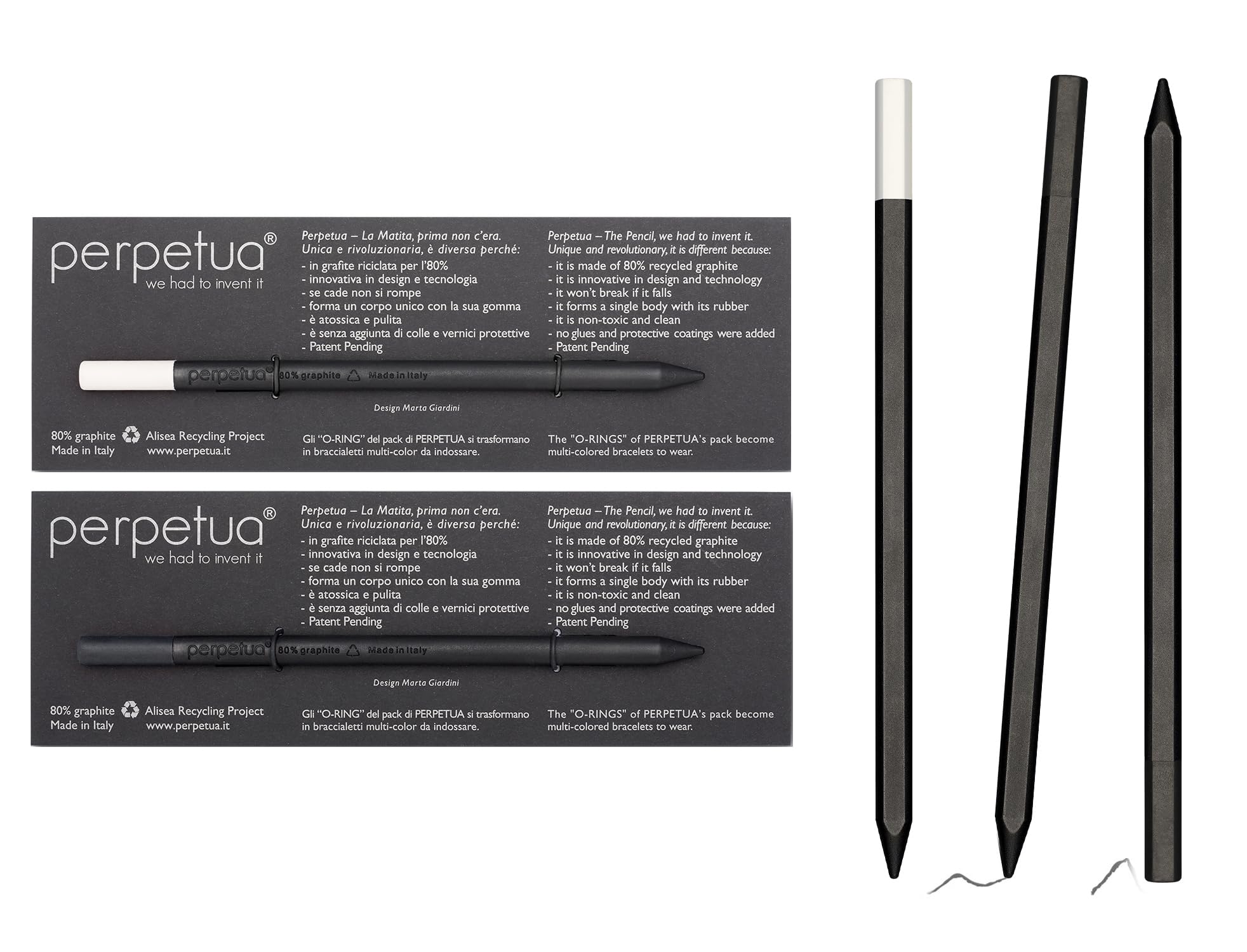 Perpetua Juego de 2 lápices blancos + negros – Lapis HB de grafito reciclado con goma incorporada, lápiz casi infinito de colección para dibujo profesional y artístico – Lápiz ecológico