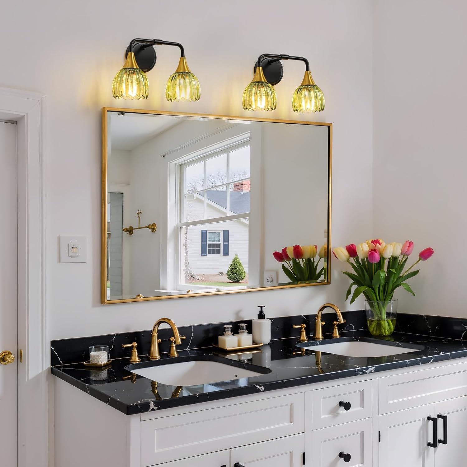 Bathroom Vanity Light Fixtures: 2-Lights Vintage Bathroom Lights Over Mirror with Ribbed Green Tulip Glass Shade - 14 inch Black and Gold Wall Sconce Bath Lighting