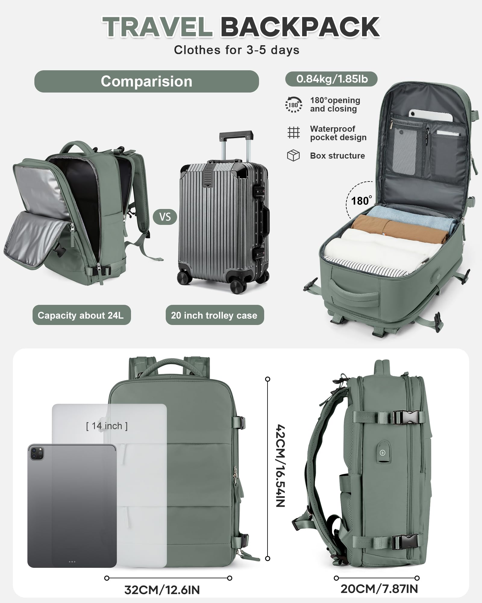 BJLFS Borse da Cabina per Ryanair 40x20x25 Bagaglio a Mano Zaino da viaggio aere,Zaino Easyjet 45x36x20,Zaino Casual per laptop da 14 pollici per scuola