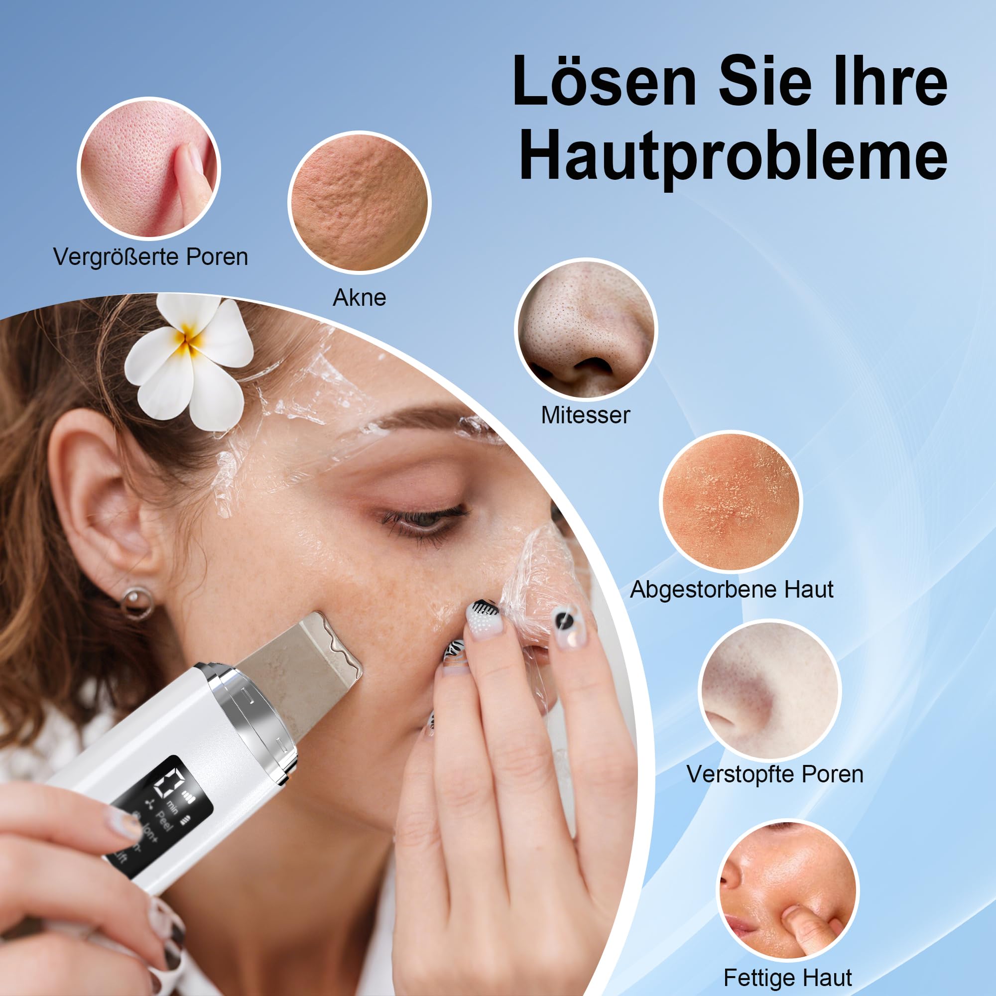 Skin Scrubber Ultraschall, Porenreiniger Gesicht mit 4 Modi und Einstellbarer Intensitä, Rotes Blaues Licht, LED-Anzeige und 5-Minuten-Autoabschaltung Mitesserentferner Gesichtsreinigung Gerät