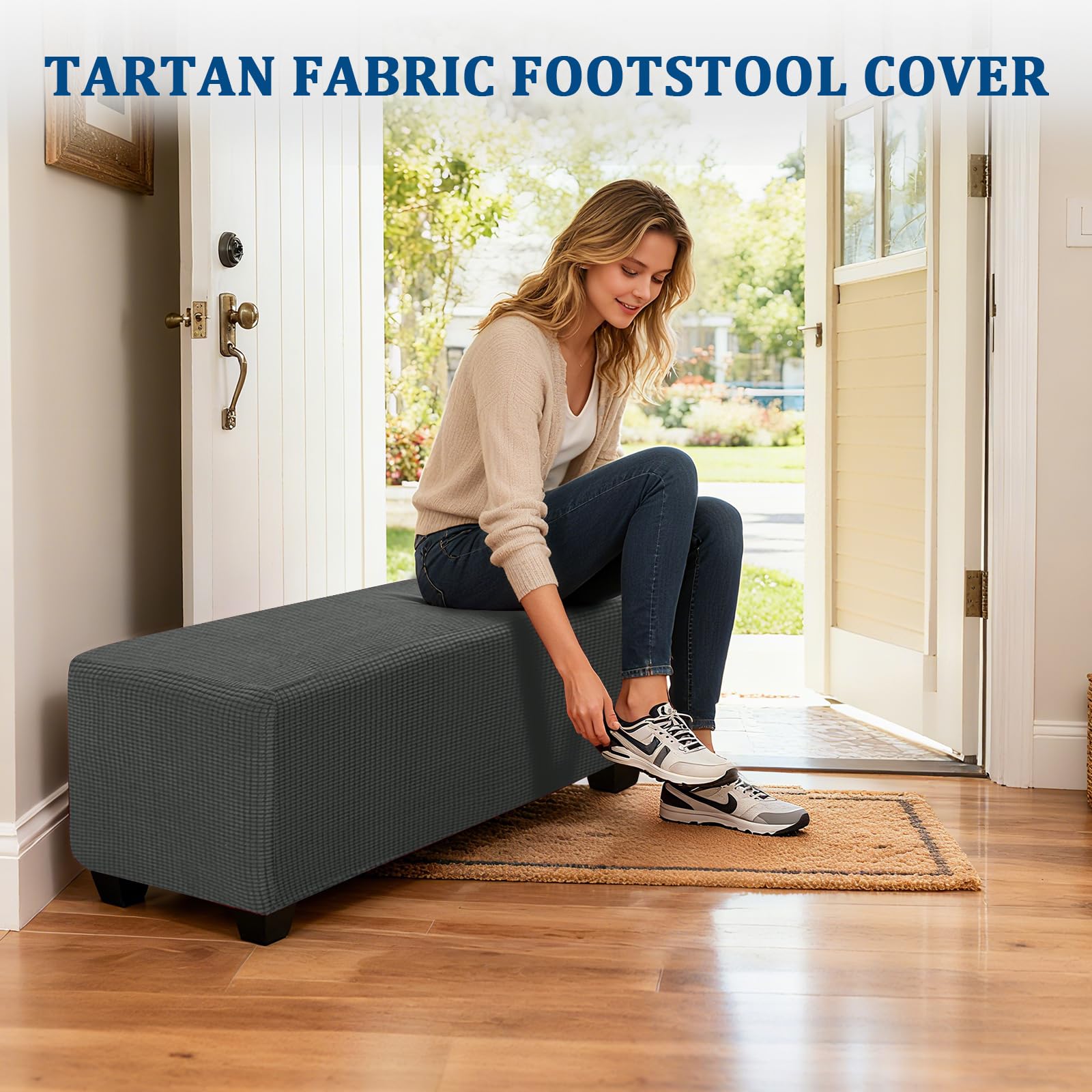 Copri Pouf Elasticizzato Jacquard Quadrata/Rettangolare, Fodera Per Poggiapiedi Copertura Ottomana Lavabile Coprisgabello Con 2 Cinghie (Grey,1pc Square XL)