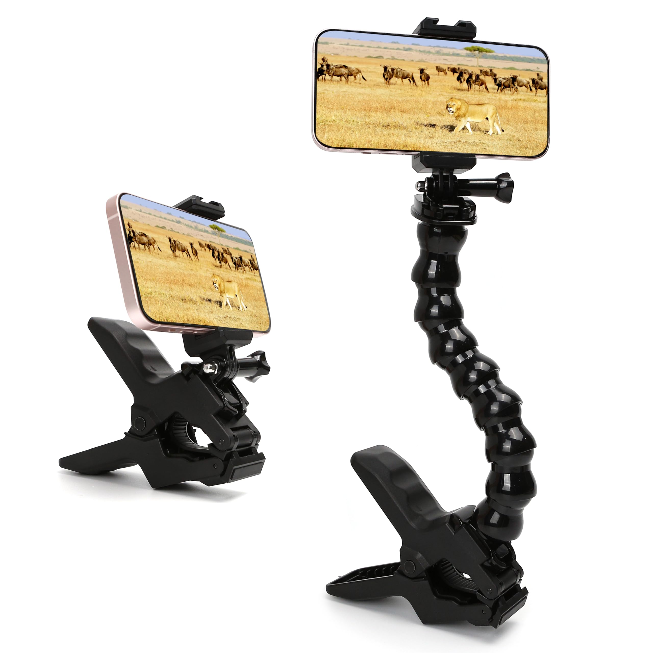 Gooseneck Phone Holder Flex Clamp Clip Mount with Flexible Jaws for Desk, Pole, or Mobile Stand Adjustable Compatible with iPhone 14, 13 Pro, XS Max, XR, X, 8, 7, 6, 6s Plus and Other 4-7'' Device