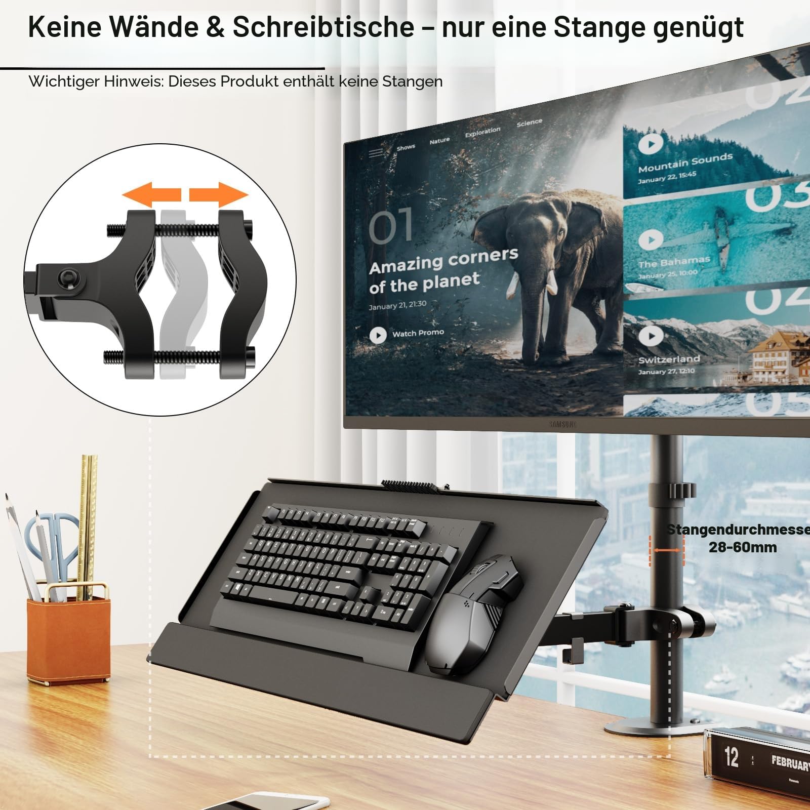 PUTORSEN Tastaturablage für Pole Mount, 25.7" x 9.8" Keyboard Mount passt auf die meisten Standard und Oversized Keyboards, hält bis zu 2.2lbs, Klammer-Arm fits Any Pole from 1.1” to 2.4”, Schwarz