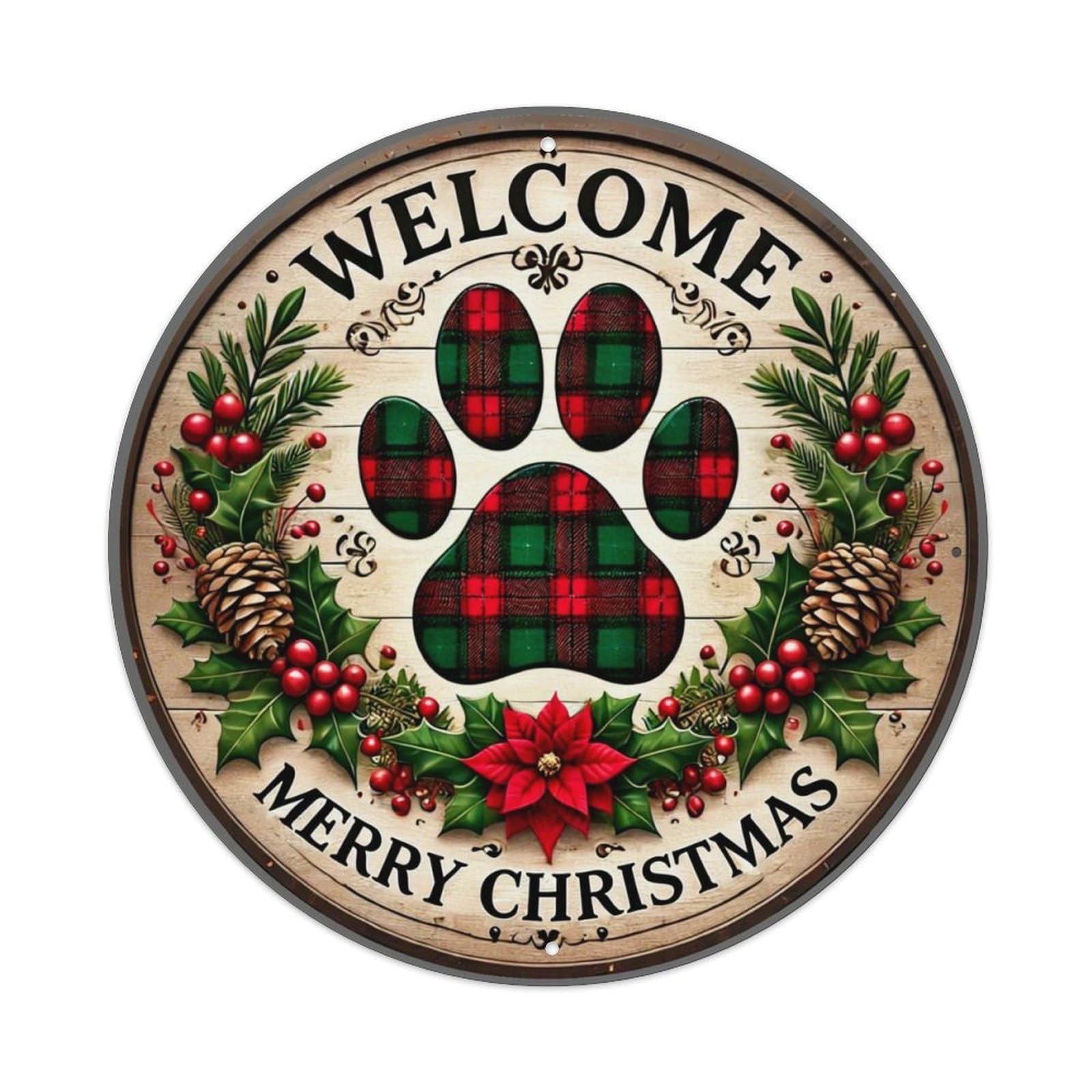 Paw Print Plaid Holiday Wreath Round Metal Tin Sign Vintage Wall Decor, Bar Garage Cafe Kitchen Home Wall Art Poster 8x8inches