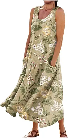 Plus Size Cotton Linen Summer Dresses for Curvy Women 2025 Sleeveless Maxi Vacation Beach Sundresses with Pockets