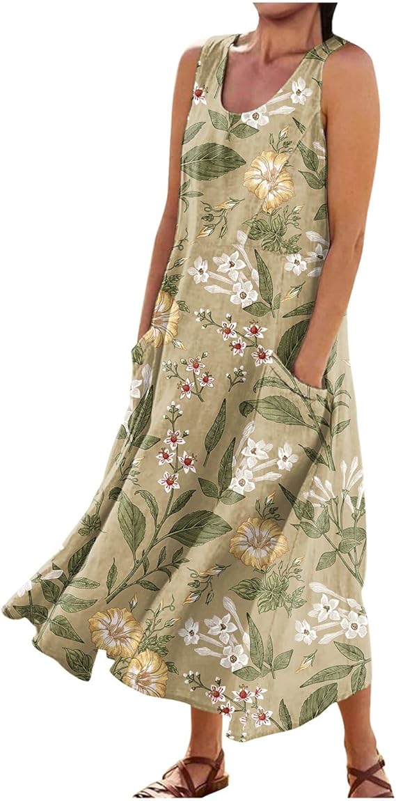Plus Size Cotton Linen Summer Dresses for Curvy Women 2025 Sleeveless Maxi Vacation Beach Sundresses with Pockets