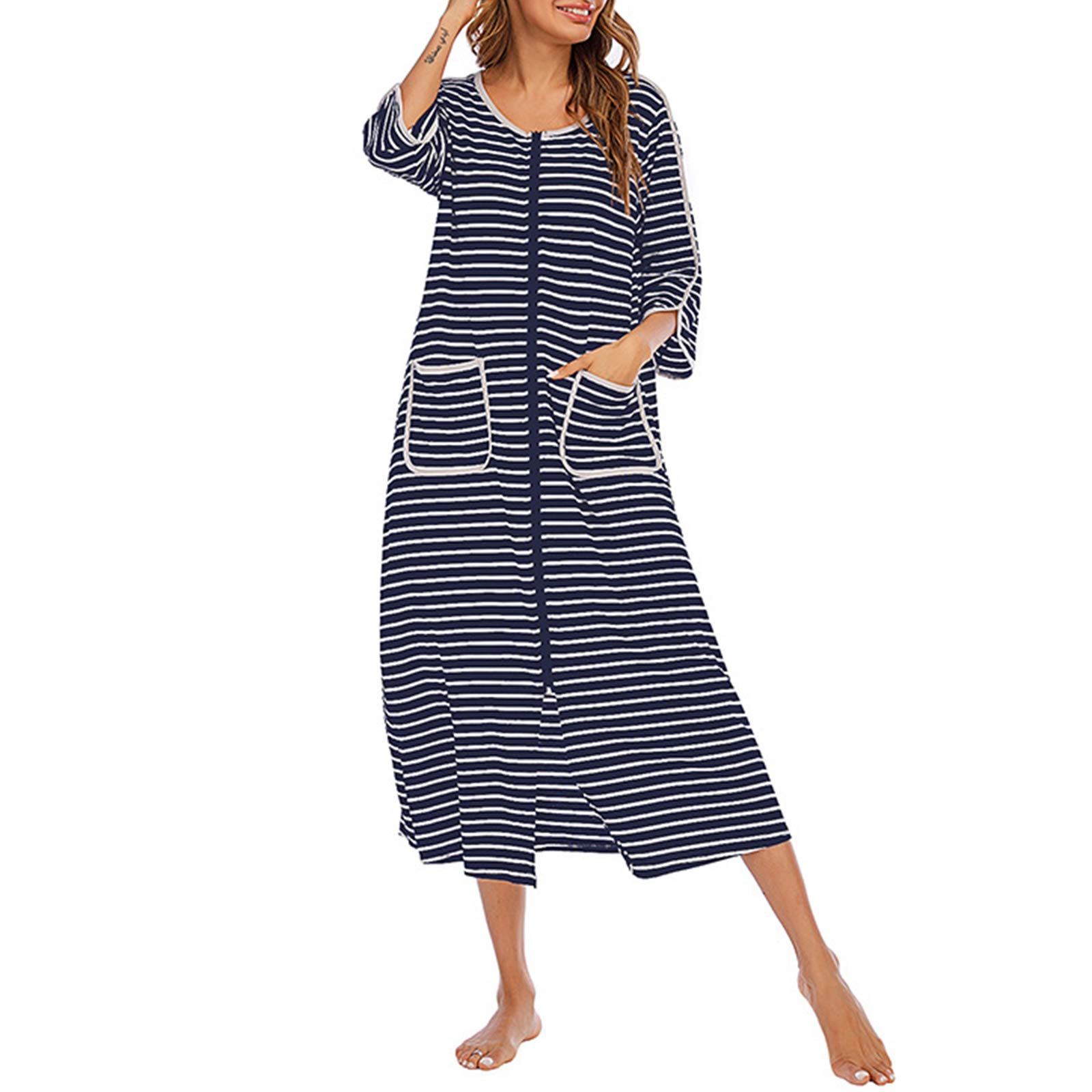 Robe de chambre pour femme, robe de chambre à fermeture éclair douce à manches courtes/longues, avec poches, vêtements de nuit
