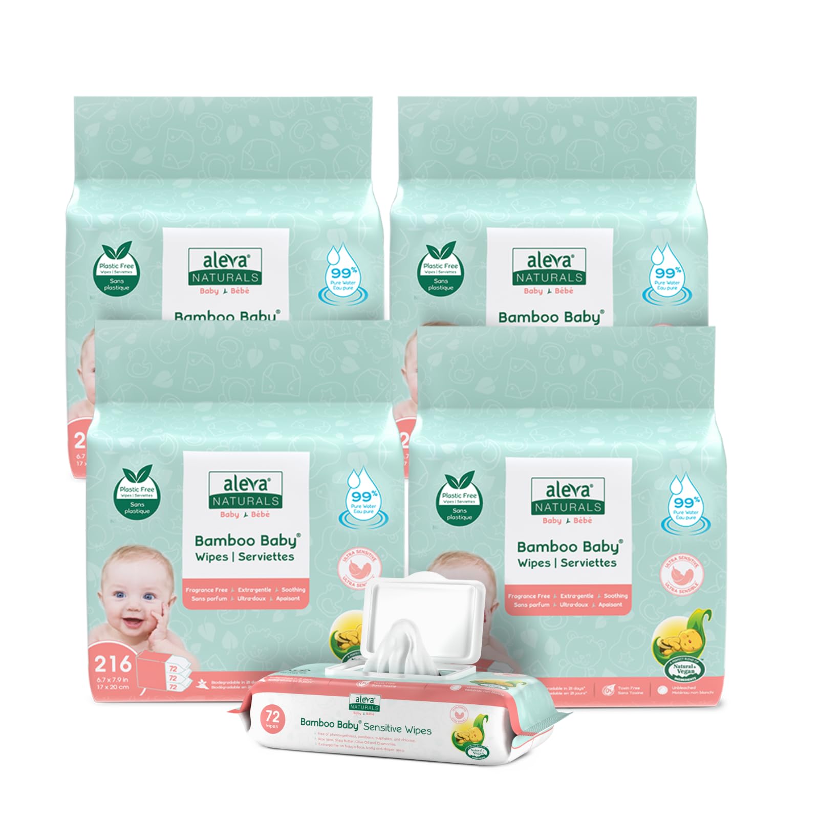 Aleva Naturals Bamboo Baby Wipes, Sensitive, 864 Count (Pack of 216 x 4)