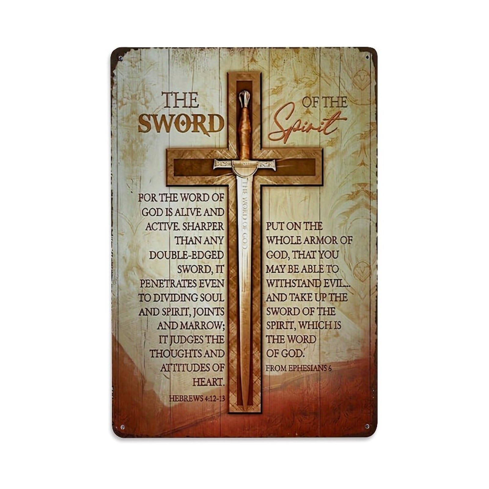 Jdfenggu Vintage Sword Of The Spirit Cross Pattern Retro Metal Tin Sign, Decor Art Poster For Bar, Home, Man Cave, Kitchen, Laundry Room Gift 8X12inch