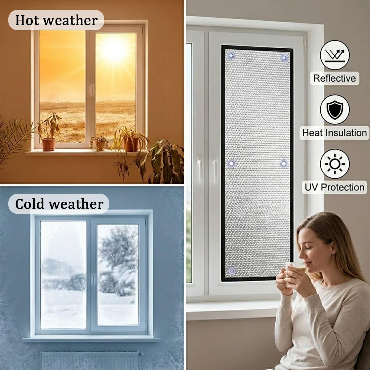 Pellicola Isolante Termica Per Vetri, Pellicola Oscurante Foglio Di Alluminio Riflettente 8mm, Pannello Termoriflettente Anti Calore E Freddo Con Ventose Per Casa, Camper E Lucernari(Gray,150x200cm)