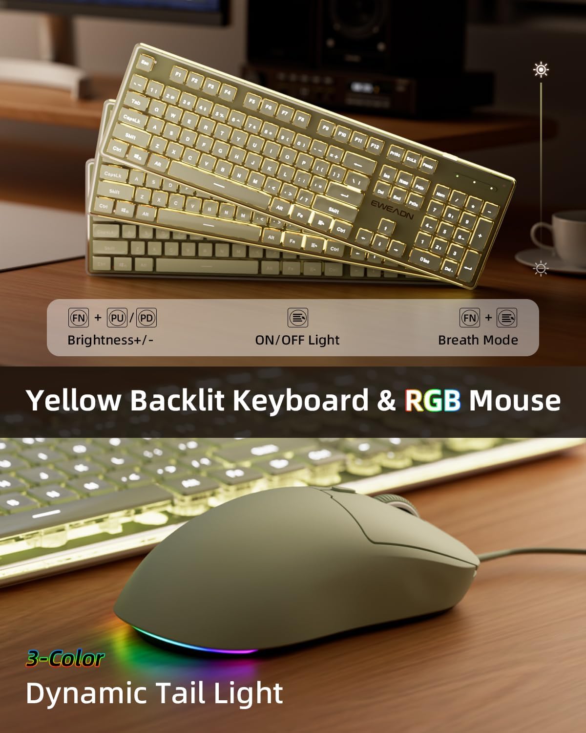 EWEADN GX710S Wired Keyboard and Mouse Combo with Wrist Rest, Warm Backlit Ergonomic Keyboard, Silent Computer Keyboard with Pudding Keycaps, 1600 DPI RGB Mouse, Plug & Play for for Laptop/PC-Green