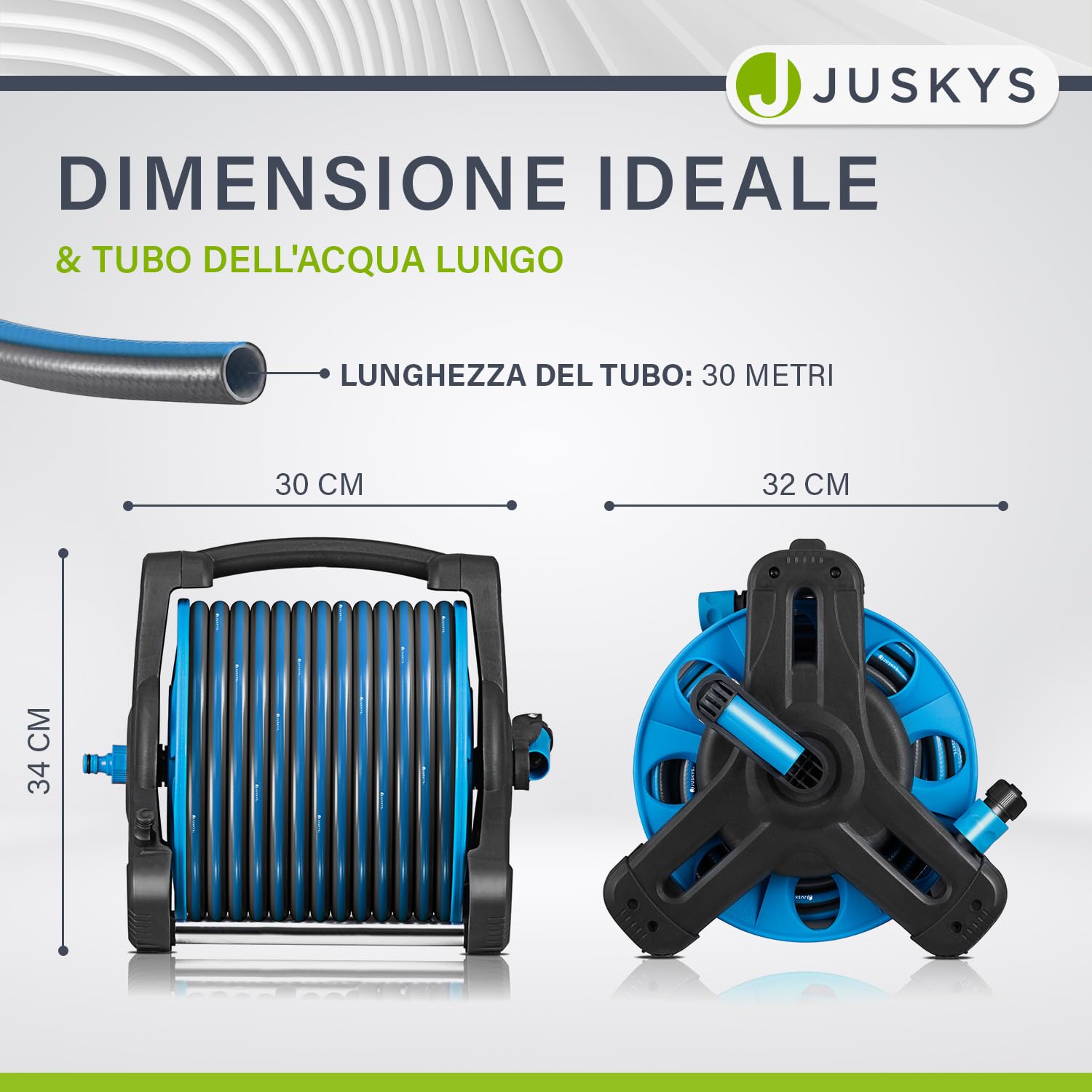 Carrello per tubo Juskys con tubo da 30 m e doccetta multifunzione - Avvolgitubo mobile con supporto da parete, ugello — Blu Grigio scuro