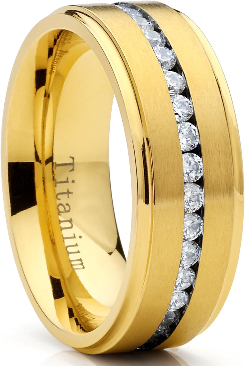 Metal Masters GoldTone Titanium Men's Eternity Wedding Band Ring with Cubic Zirconia CZ, Comfort Fit 8mm